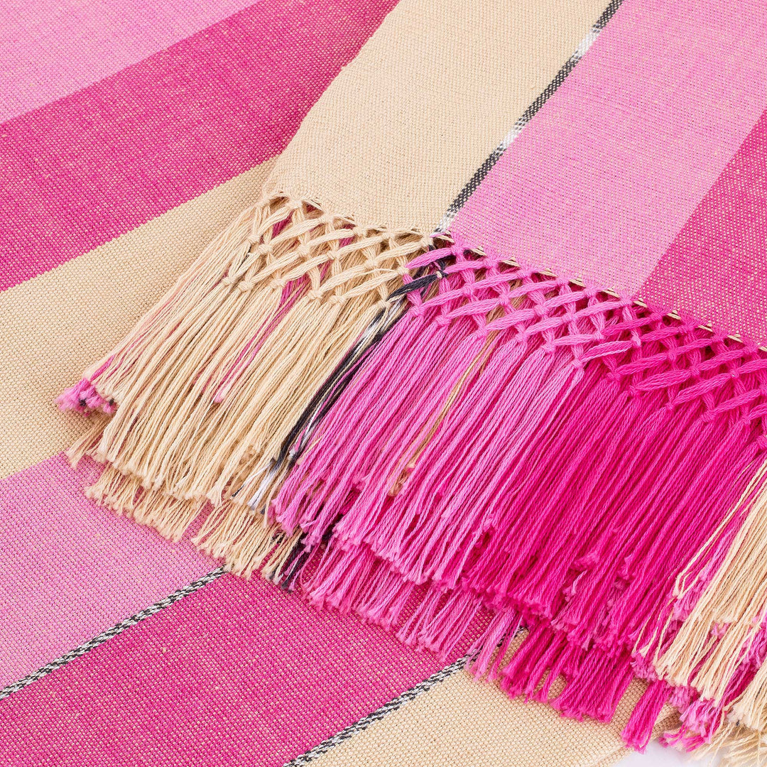 Handwoven Striped Fringed Pink and Yellow Cotton Tablecloth - Radiant Rose