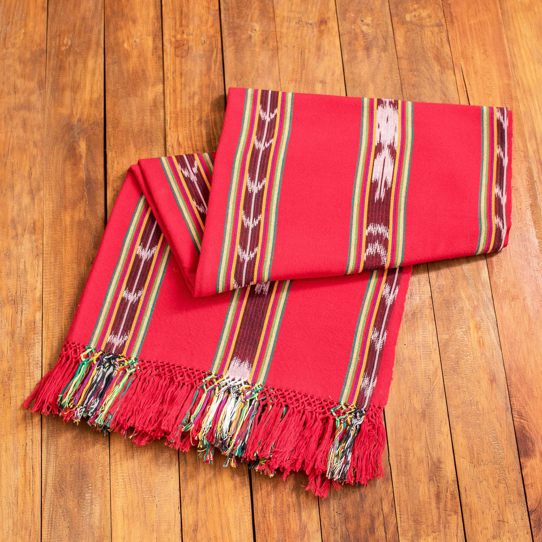 Handwoven Striped Fringed Cotton Tablecloth in Red - Family Joy