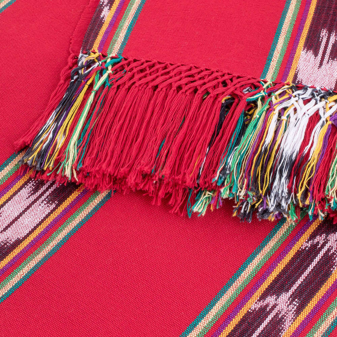 Handwoven Striped Fringed Cotton Tablecloth in Red - Family Joy