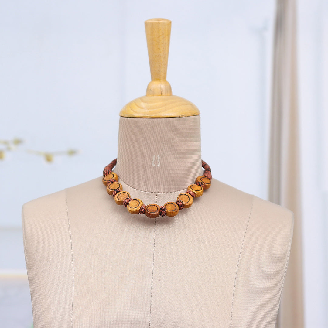 Handcrafted Bohemian Necklace with Carved Wooden Beads - Natural Glory