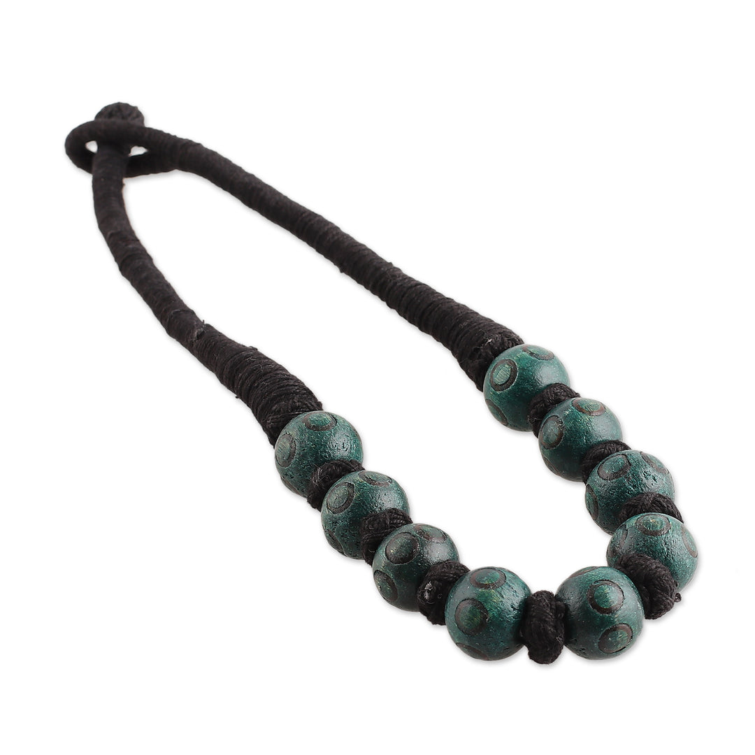 Bohemian Teal Black Wood Beaded Necklace with Cotton Cord - Boho Bubbles in Teal