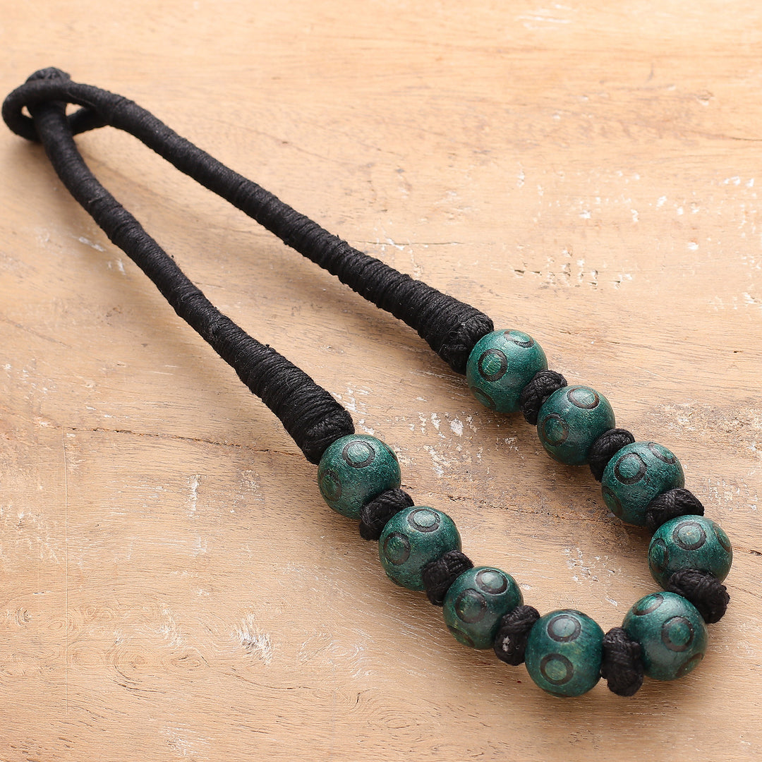 Bohemian Teal Black Wood Beaded Necklace with Cotton Cord - Boho Bubbles in Teal