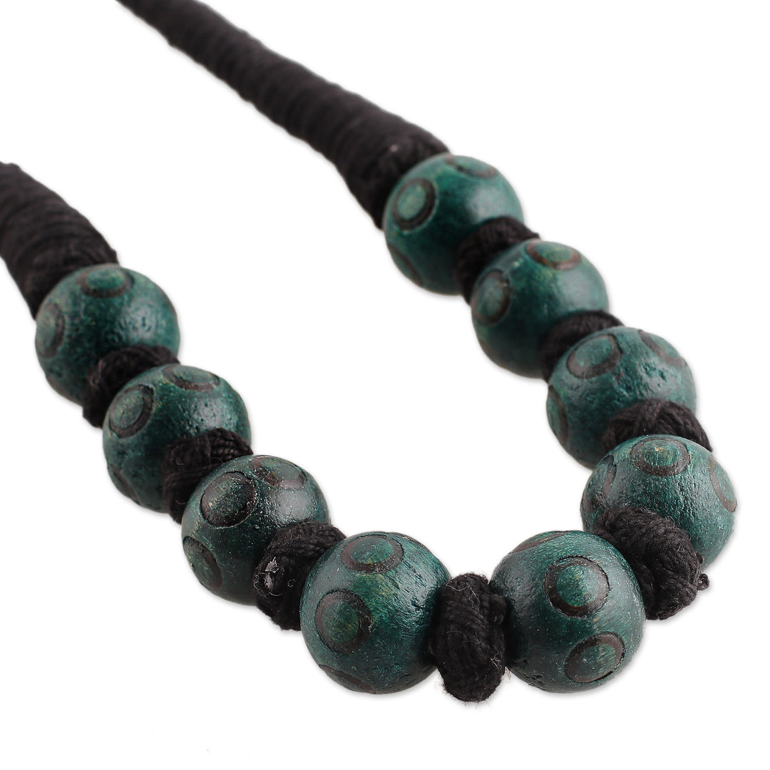 Bohemian Teal Black Wood Beaded Necklace with Cotton Cord - Boho Bubbles in Teal