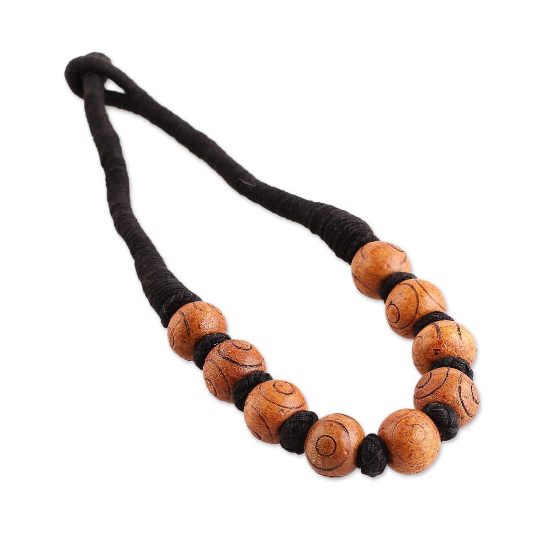Bohemian Brown Black Wood Beaded Necklace with Cotton Cord - Boho Bubbles in Brown