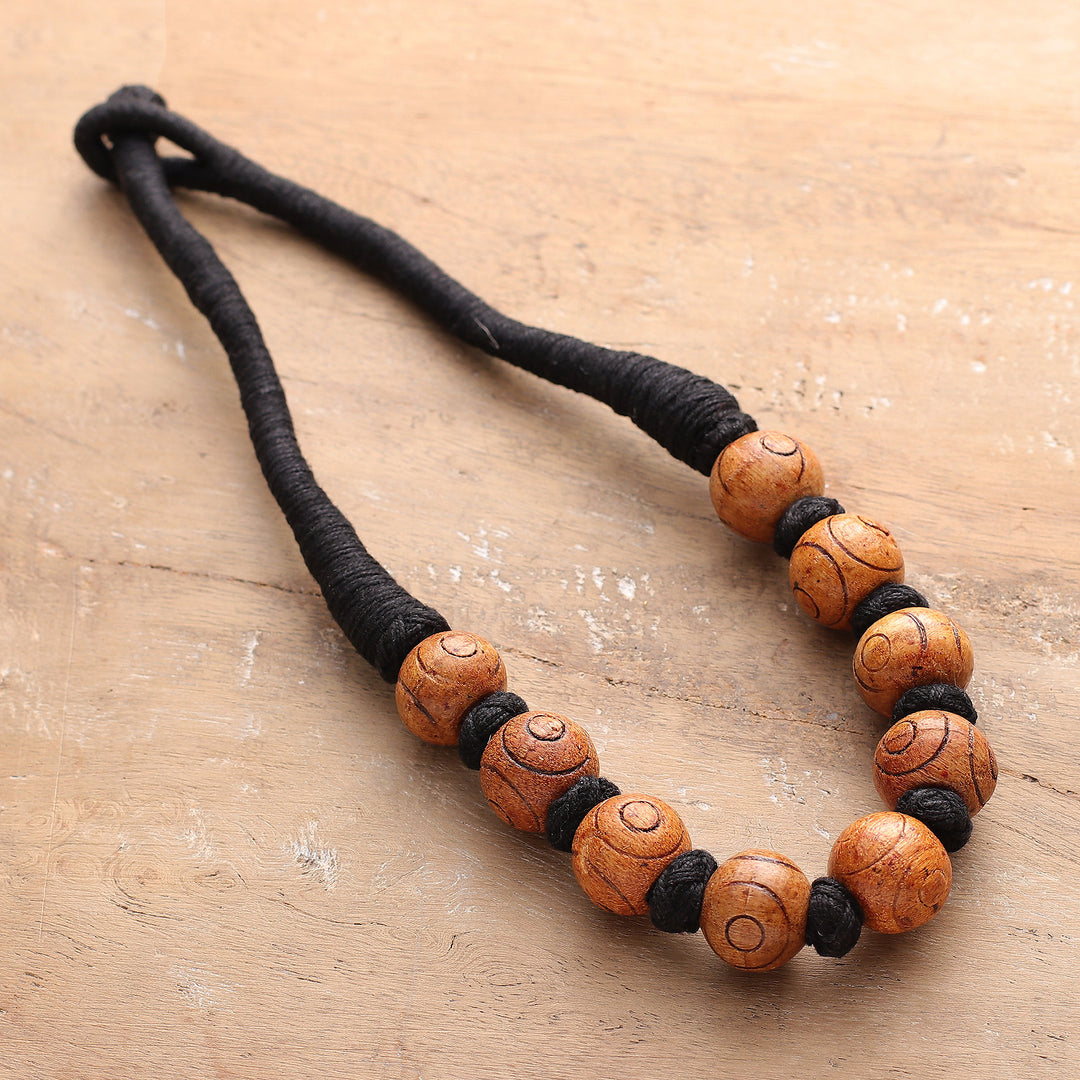 Bohemian Brown Black Wood Beaded Necklace with Cotton Cord - Boho Bubbles in Brown
