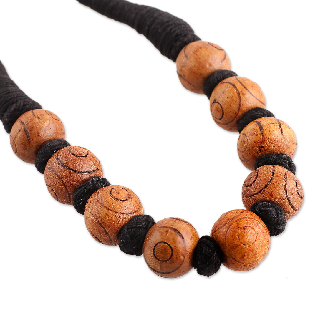 Bohemian Brown Black Wood Beaded Necklace with Cotton Cord - Boho Bubbles in Brown
