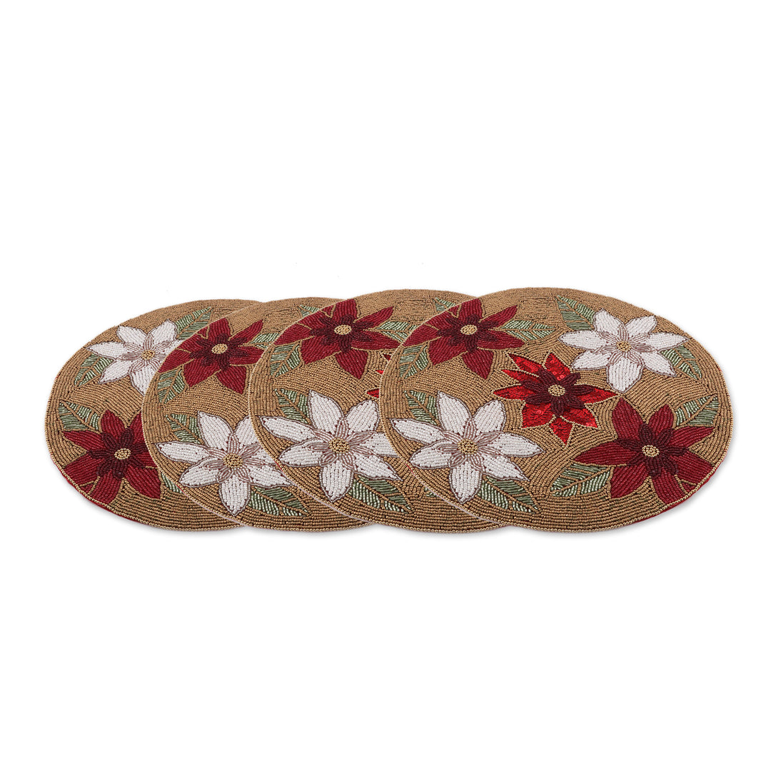 Set of 4 Floral White and Red Glass Beaded Placemats - Glamour & Blooms