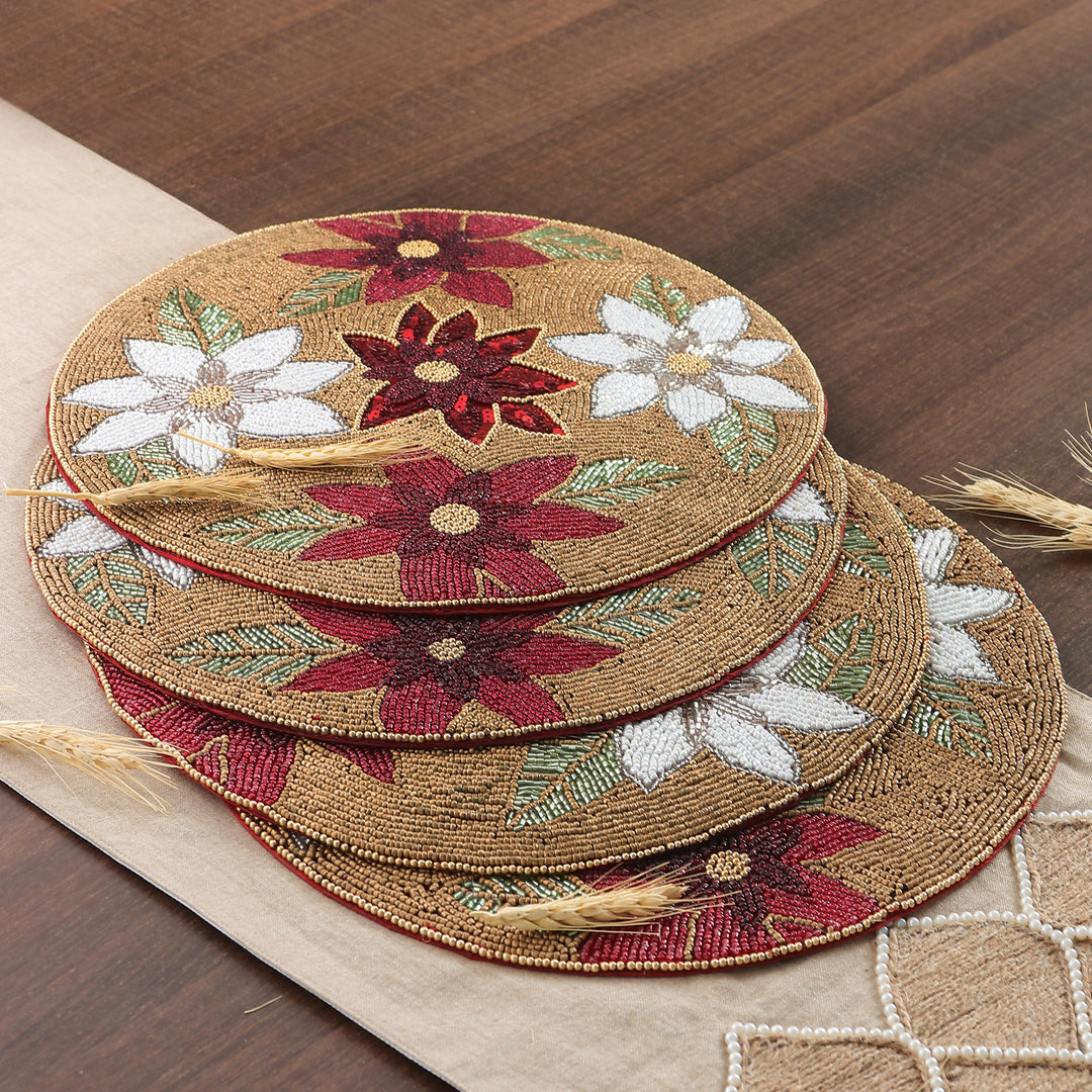 Set of 4 Floral White and Red Glass Beaded Placemats - Glamour & Blooms
