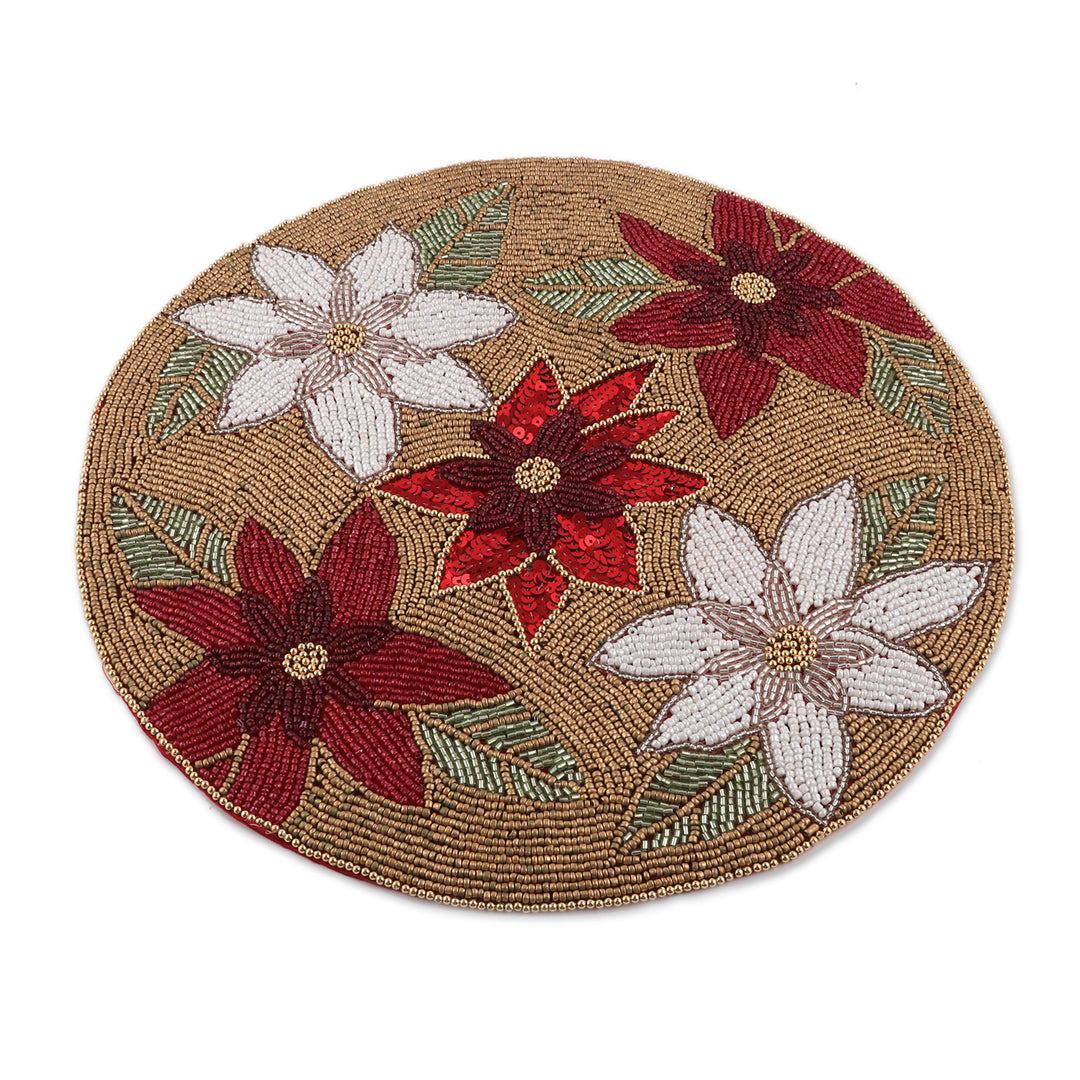 Set of 4 Floral White and Red Glass Beaded Placemats - Glamour & Blooms