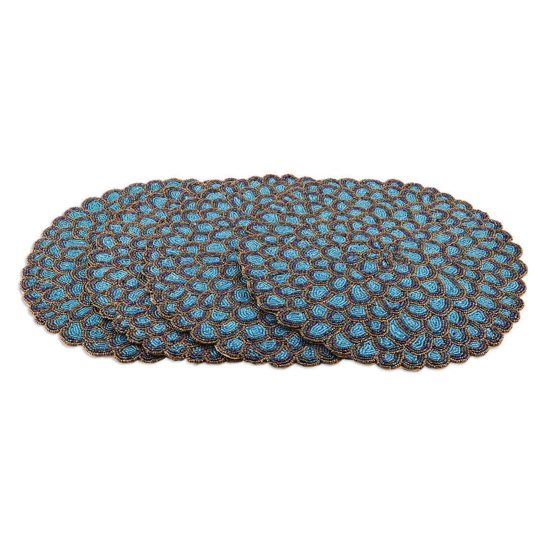 Set of 4 Handcrafted Teal and Golden Glass Beaded Placemats - Peacock Palace