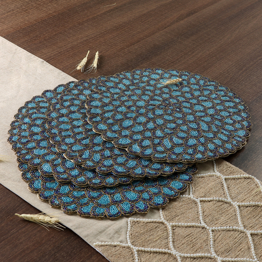 Set of 4 Handcrafted Teal and Golden Glass Beaded Placemats - Peacock Palace