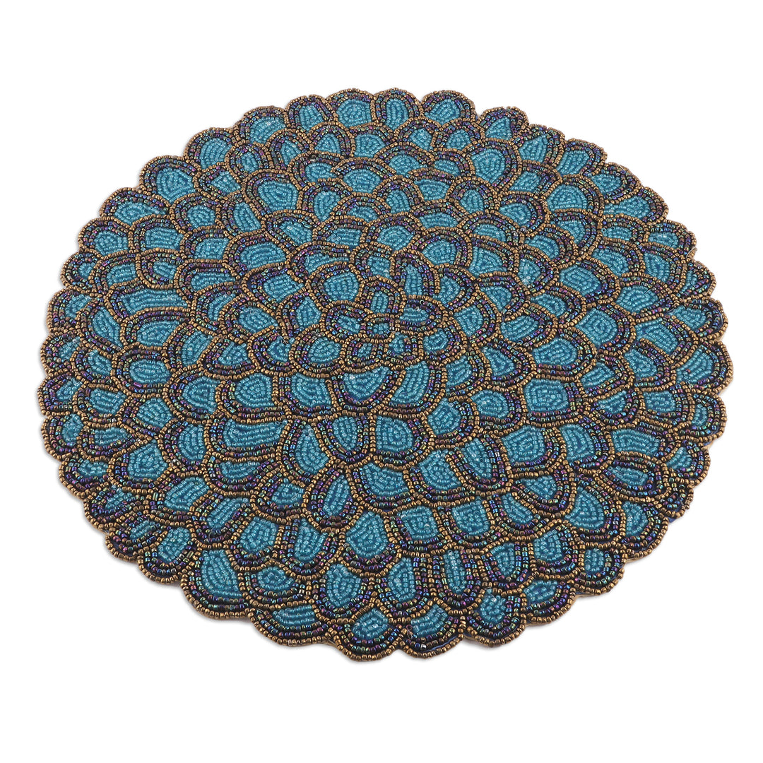 Set of 4 Handcrafted Teal and Golden Glass Beaded Placemats - Peacock Palace