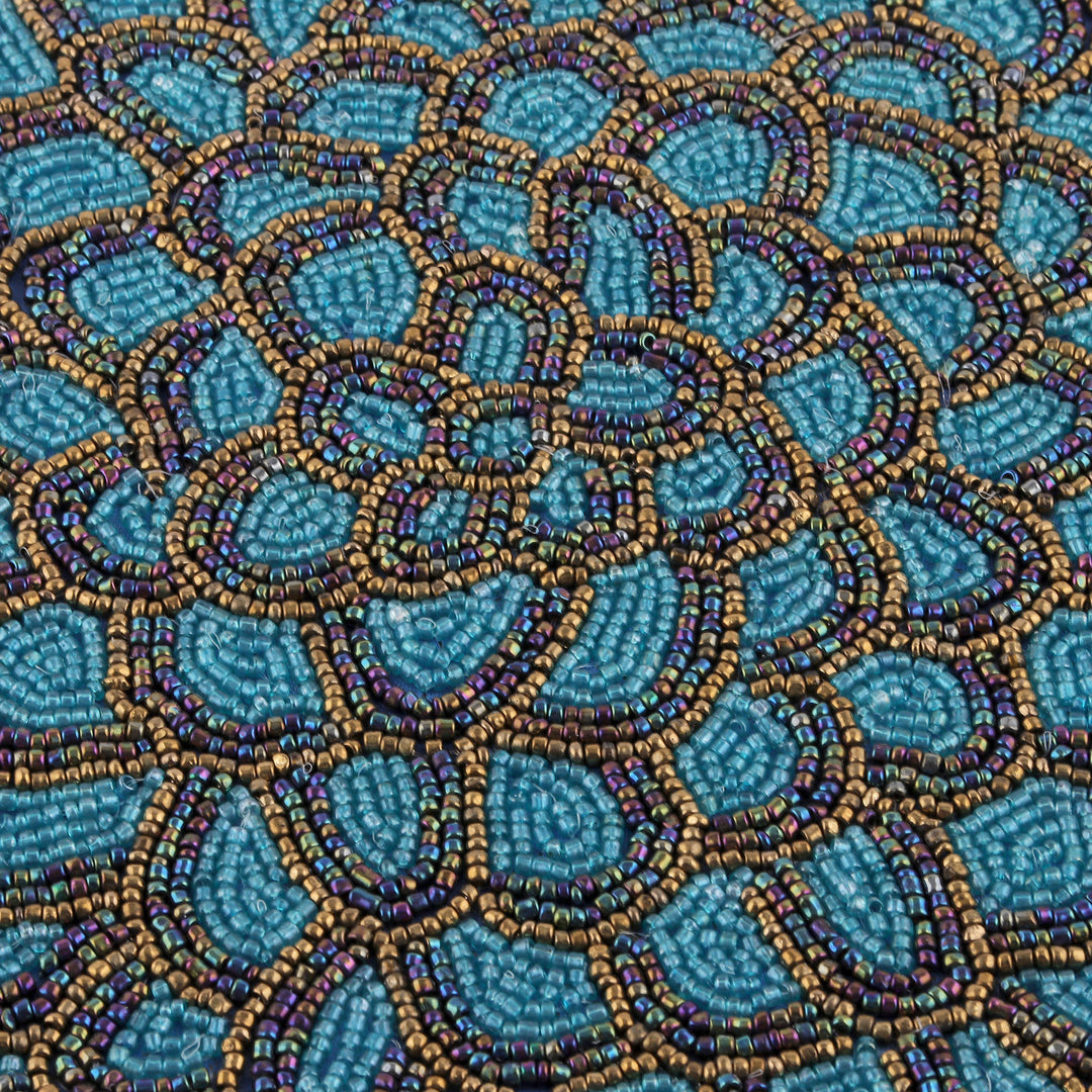 Set of 4 Handcrafted Teal and Golden Glass Beaded Placemats - Peacock Palace