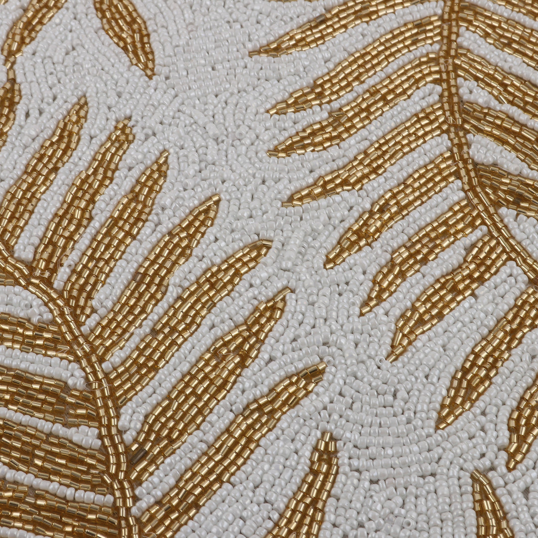 Set of 4 Leafy White and Golden Glass Beaded Placemats - Golden Dinner
