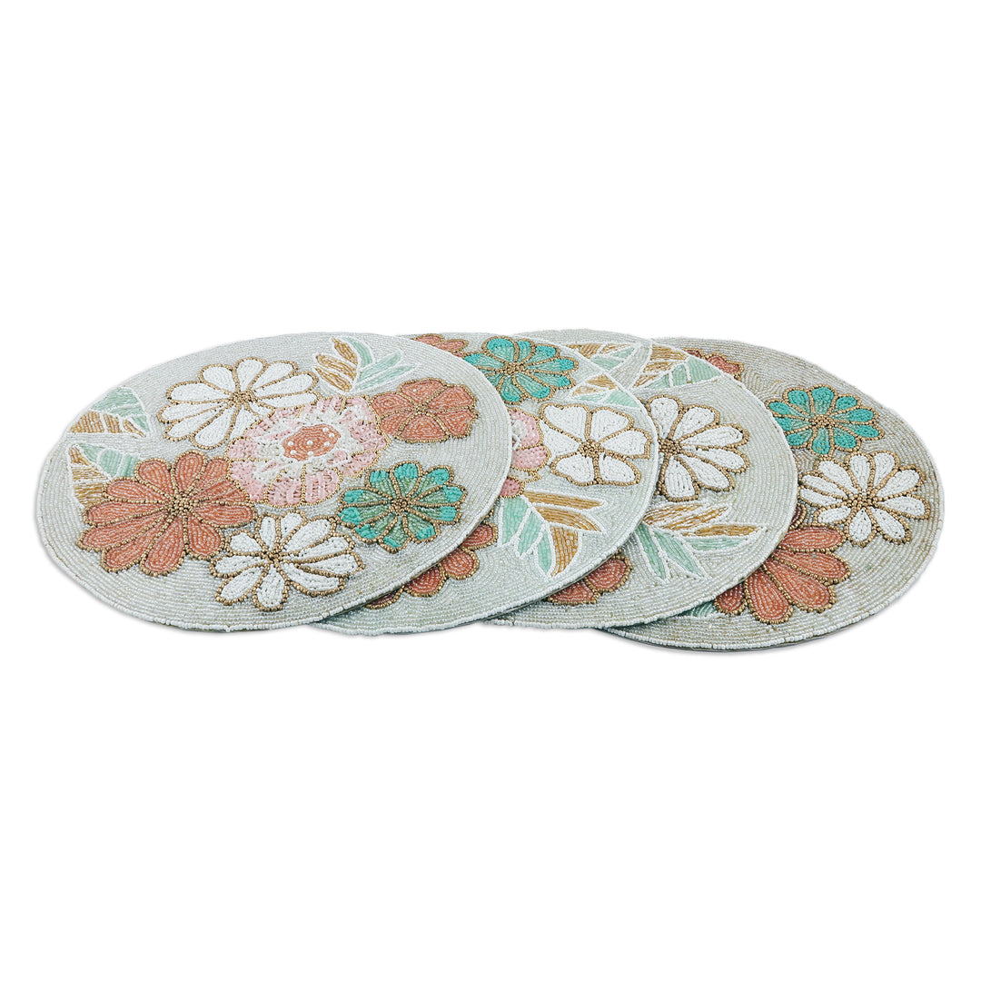 Set of 4 Floral-Themed Glass Beaded Placemats from India - Floral Tenderness