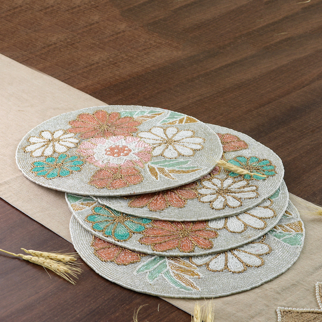 Set of 4 Floral-Themed Glass Beaded Placemats from India - Floral Tenderness