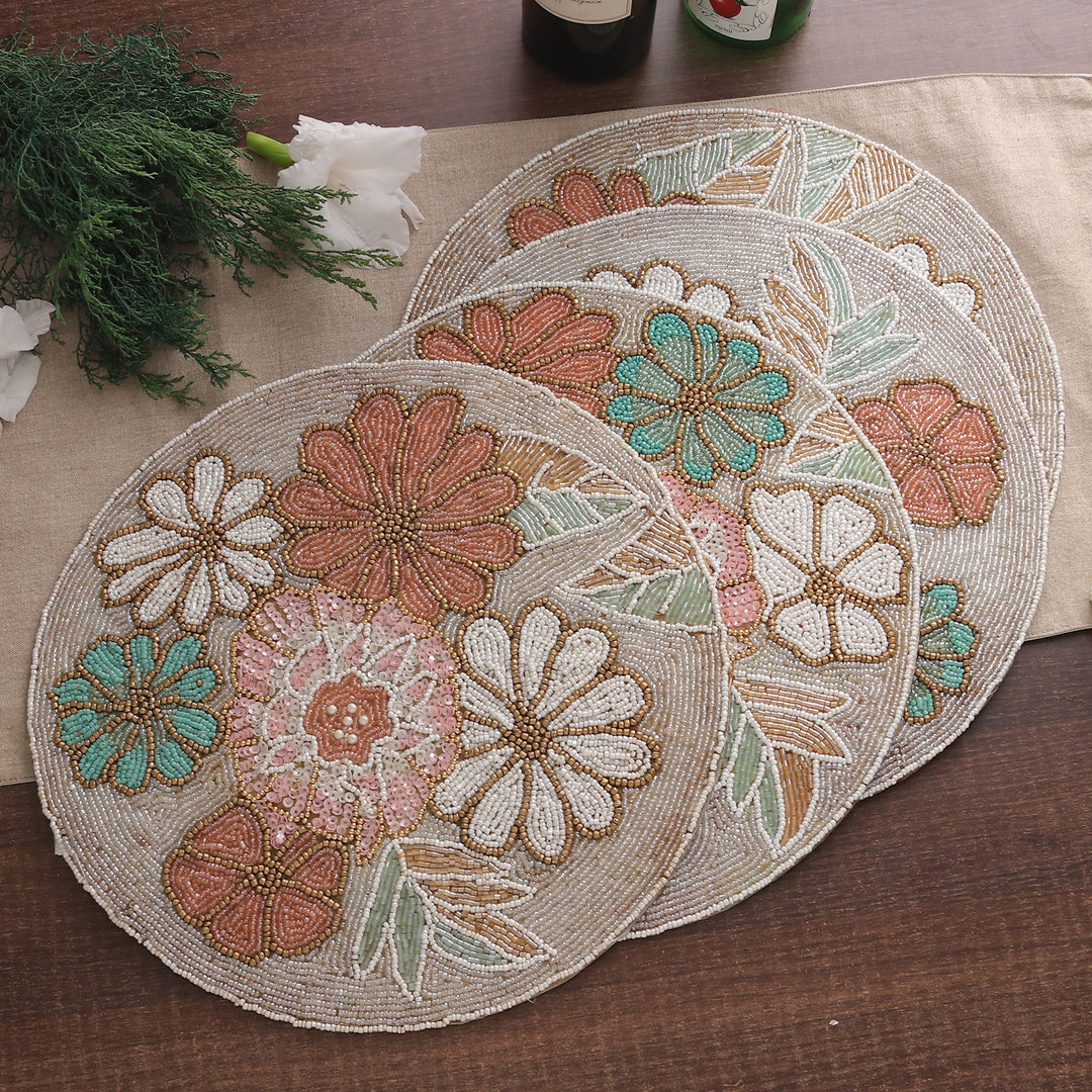 Set of 4 Floral-Themed Glass Beaded Placemats from India - Floral Touch