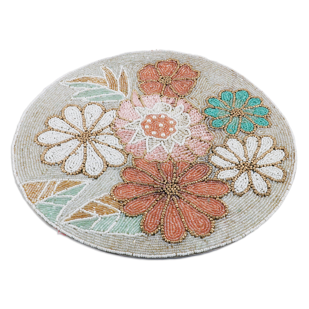 Set of 4 Floral-Themed Glass Beaded Placemats from India - Floral Tenderness