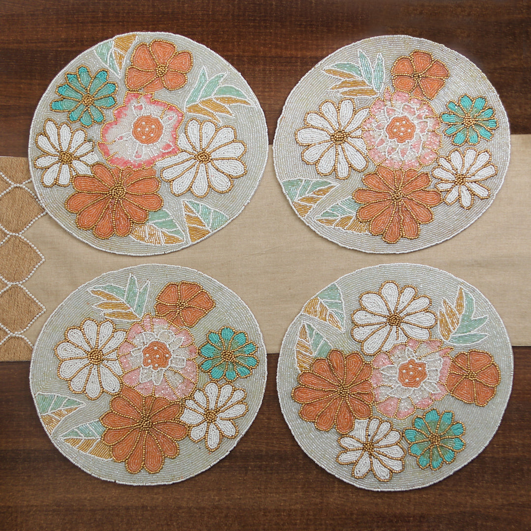 Set of 4 Floral-Themed Glass Beaded Placemats from India - Floral Touch