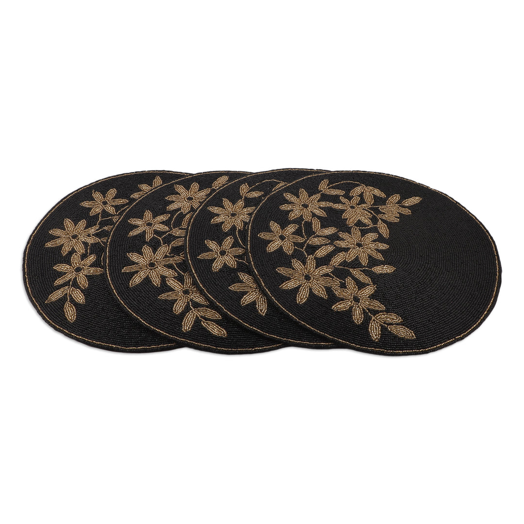 Set of 4 Floral Black and Golden Glass Beaded Placemats - Nocturnal Bouquet