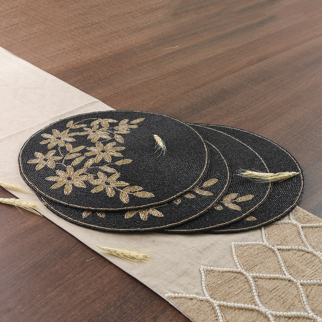 Set of 4 Floral Black and Golden Glass Beaded Placemats - Nocturnal Bouquet