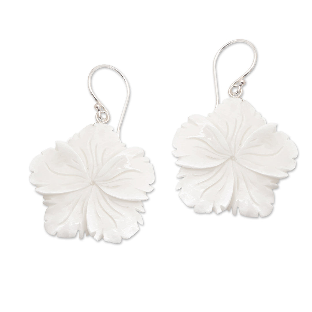 Hand-Carved Hibiscus Bloom-Shaped Dangle Earrings - Snowy Hibiscus