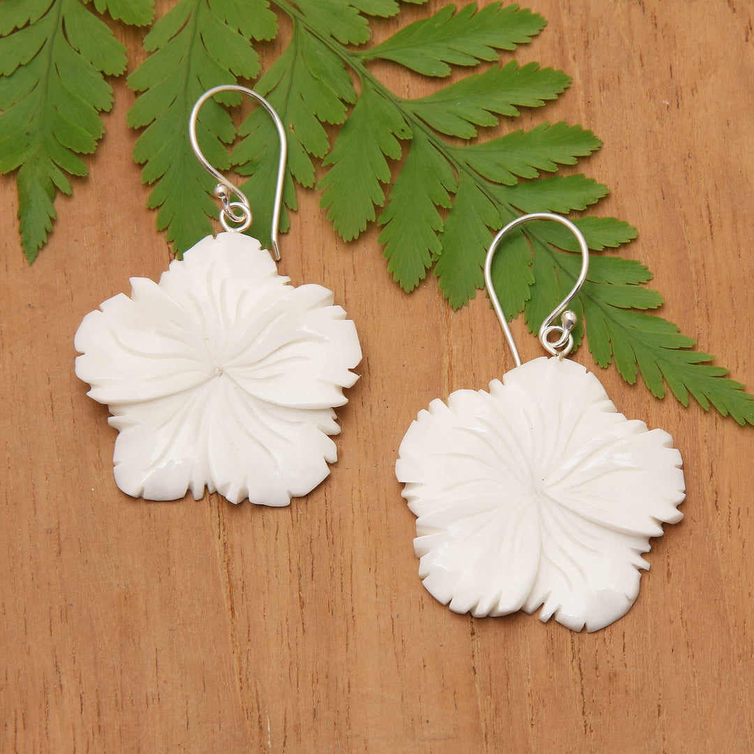 Hand-Carved Hibiscus Bloom-Shaped Dangle Earrings - Snowy Hibiscus