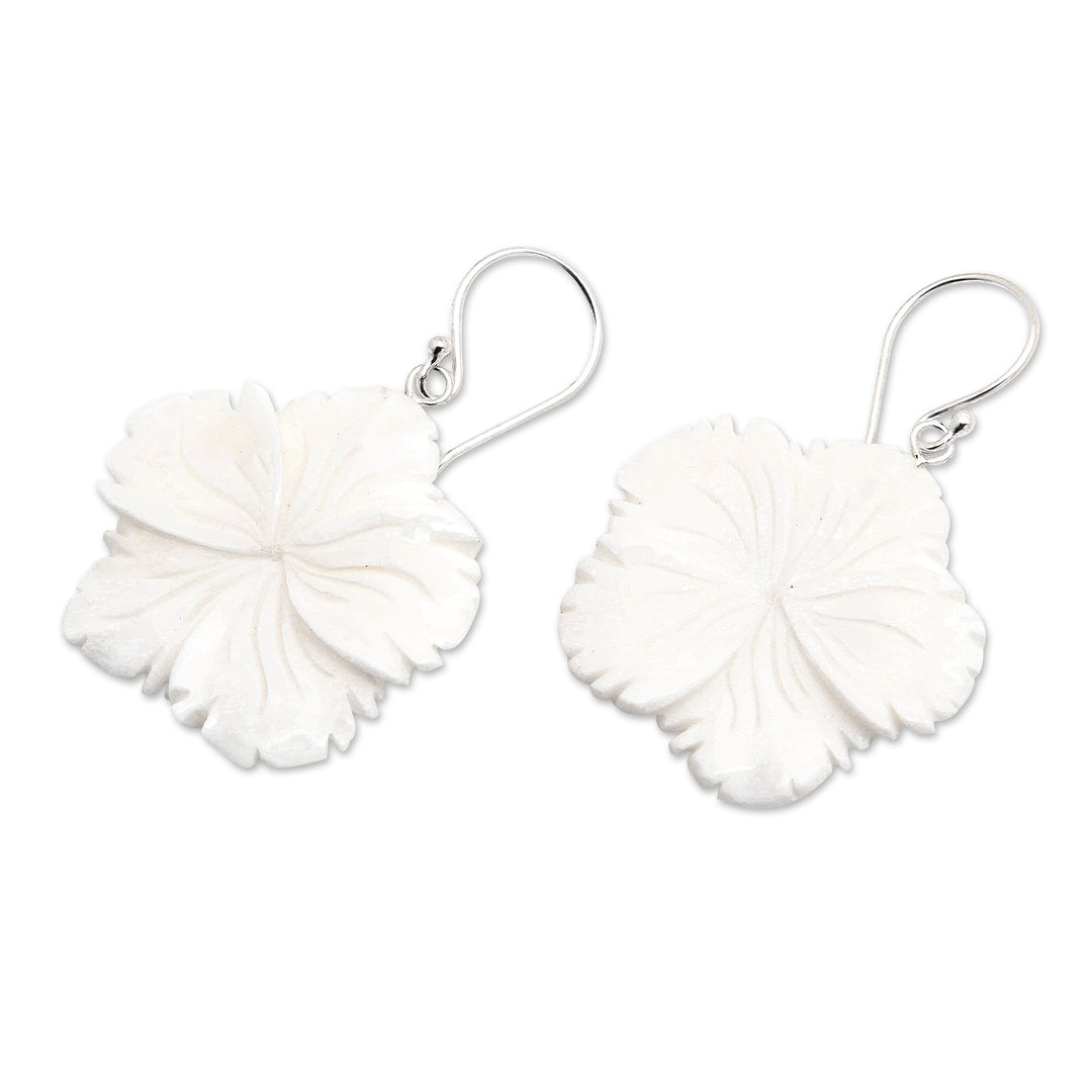 Hand-Carved Hibiscus Bloom-Shaped Dangle Earrings - Snowy Hibiscus