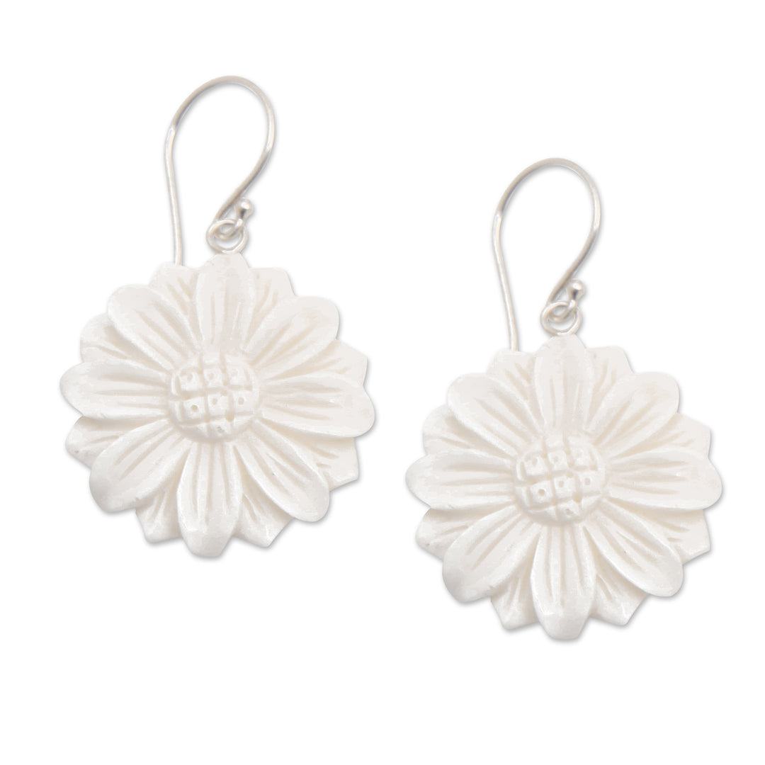 Hand-Carved Sunflower-Shaped Dangle Earrings - Snowy Sunflower