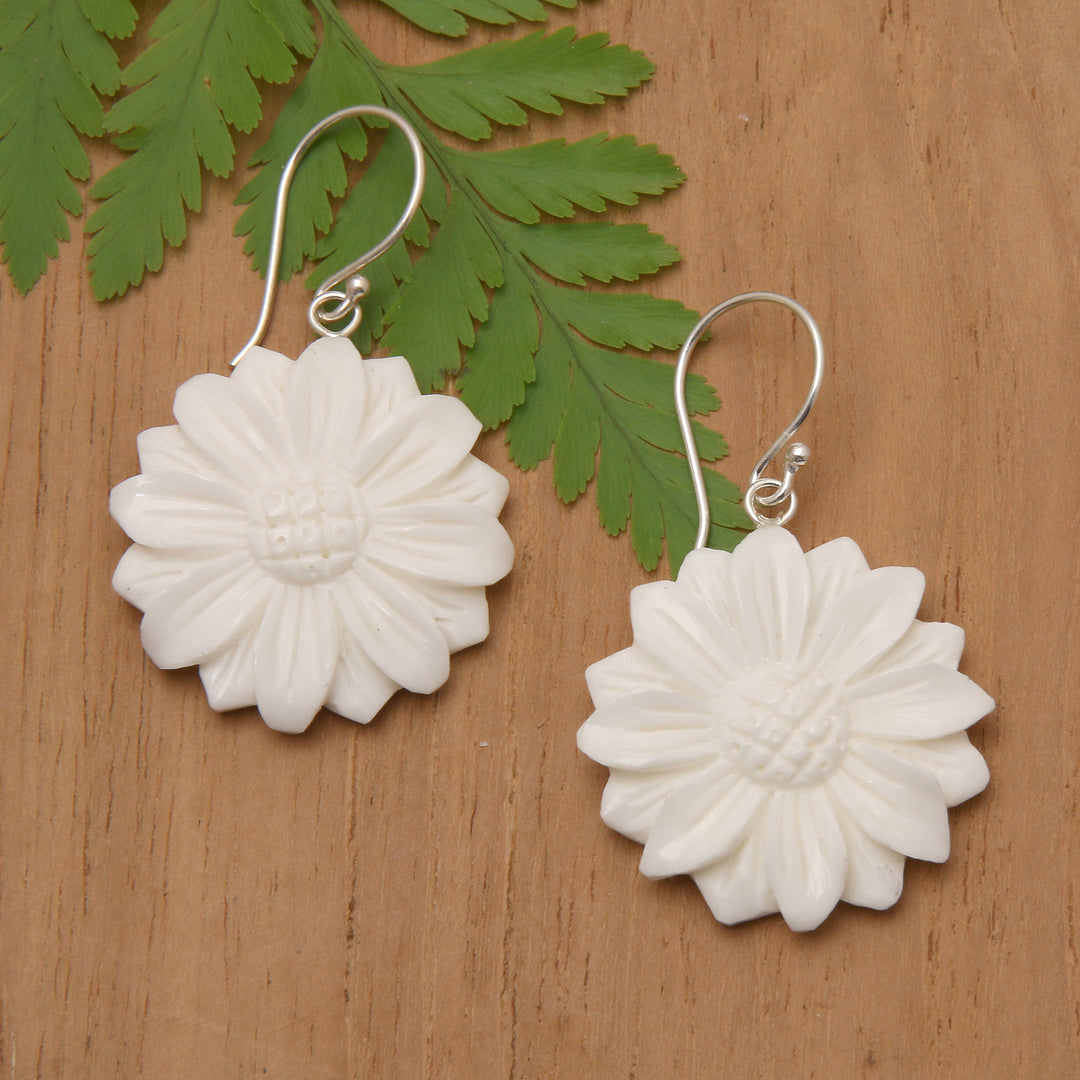 Hand-Carved Sunflower-Shaped Dangle Earrings - Snowy Sunflower
