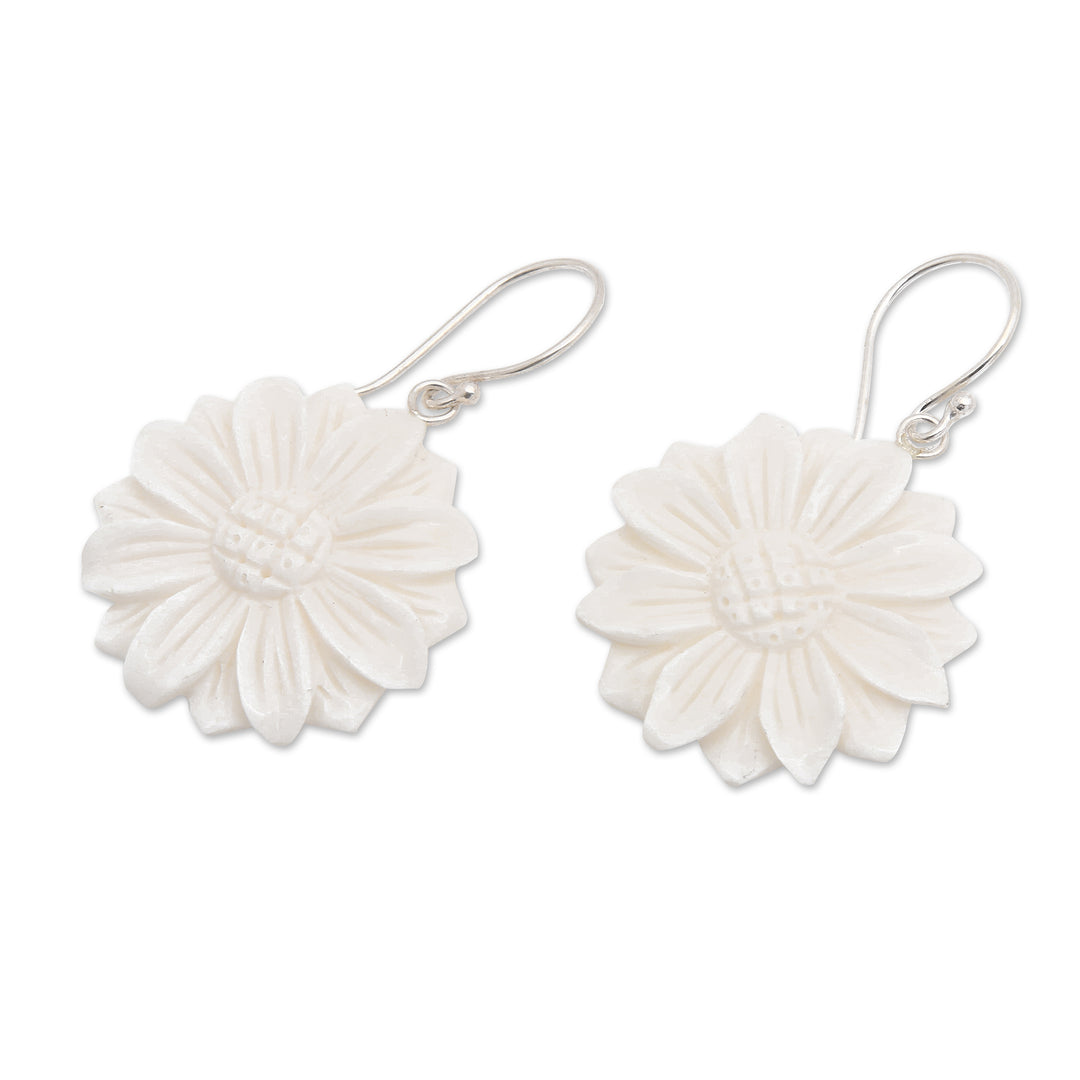 Hand-Carved Sunflower-Shaped Dangle Earrings - Snowy Sunflower