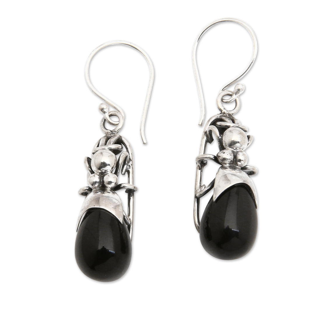 Polished Ant-Shaped Sterling Silver Dangle Earrings - Night Ant