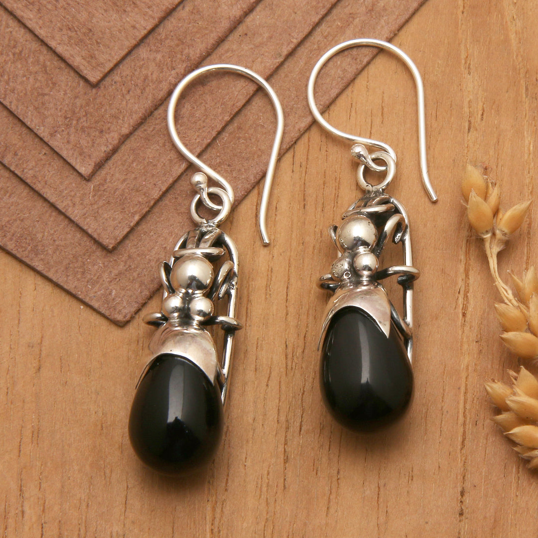 Polished Ant-Shaped Sterling Silver Dangle Earrings - Night Ant