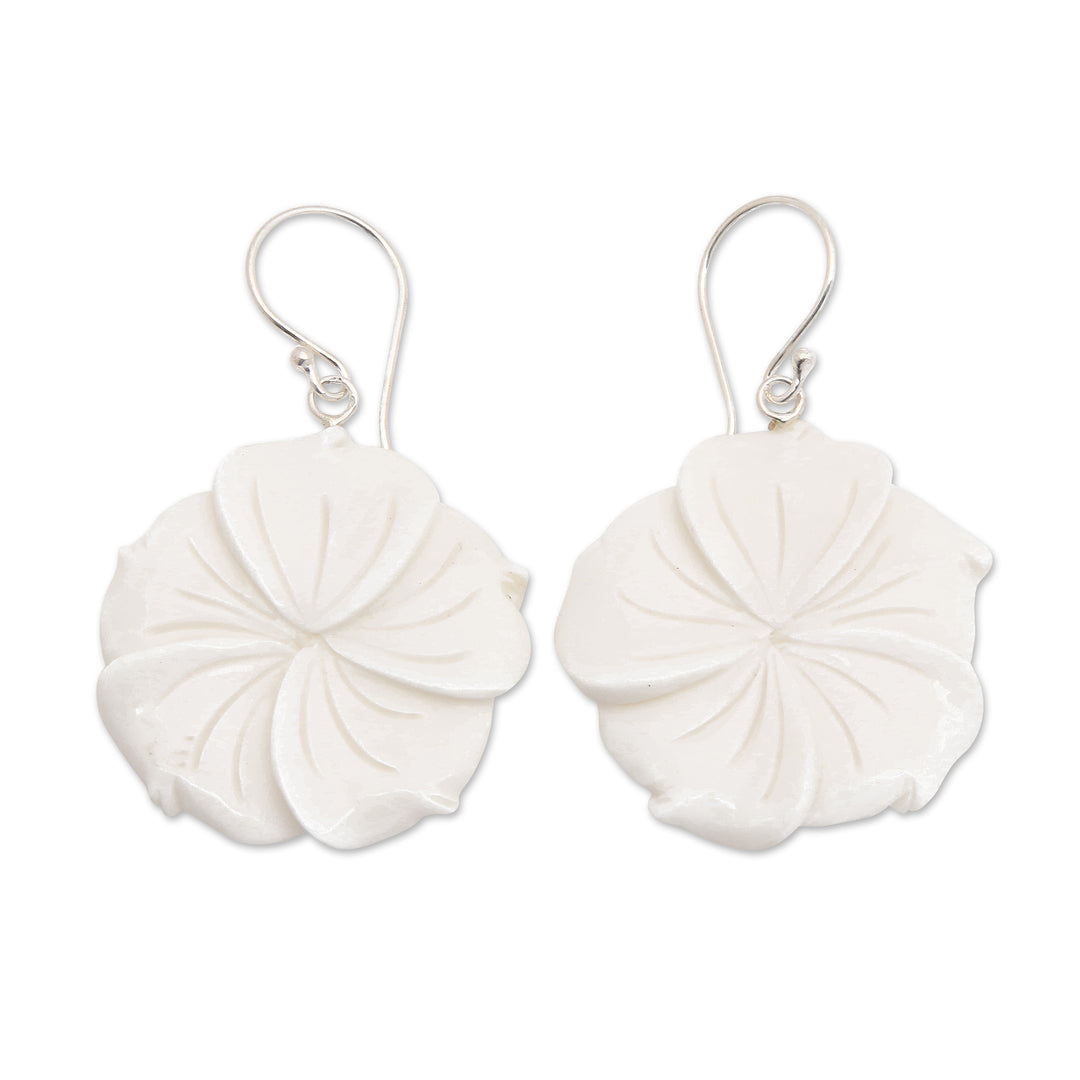 Hand-Carved Plumeria Bloom-Shaped Dangle Earrings - Snowy Plumeria