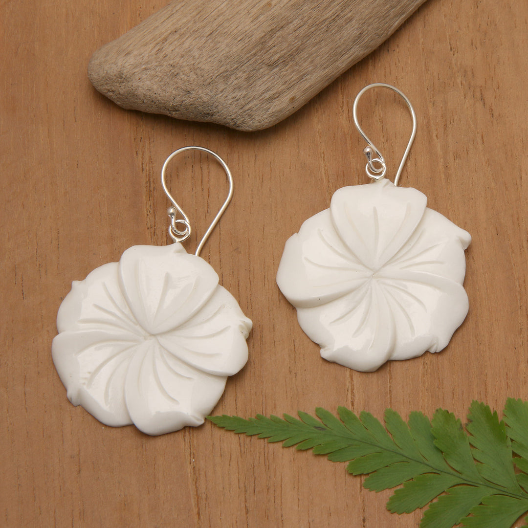 Hand-Carved Plumeria Bloom-Shaped Dangle Earrings - Snowy Plumeria
