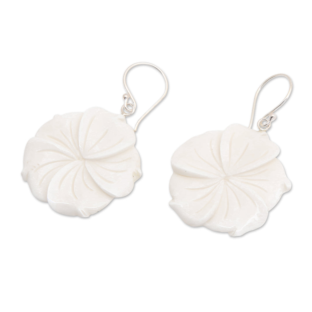 Hand-Carved Plumeria Bloom-Shaped Dangle Earrings - Snowy Plumeria