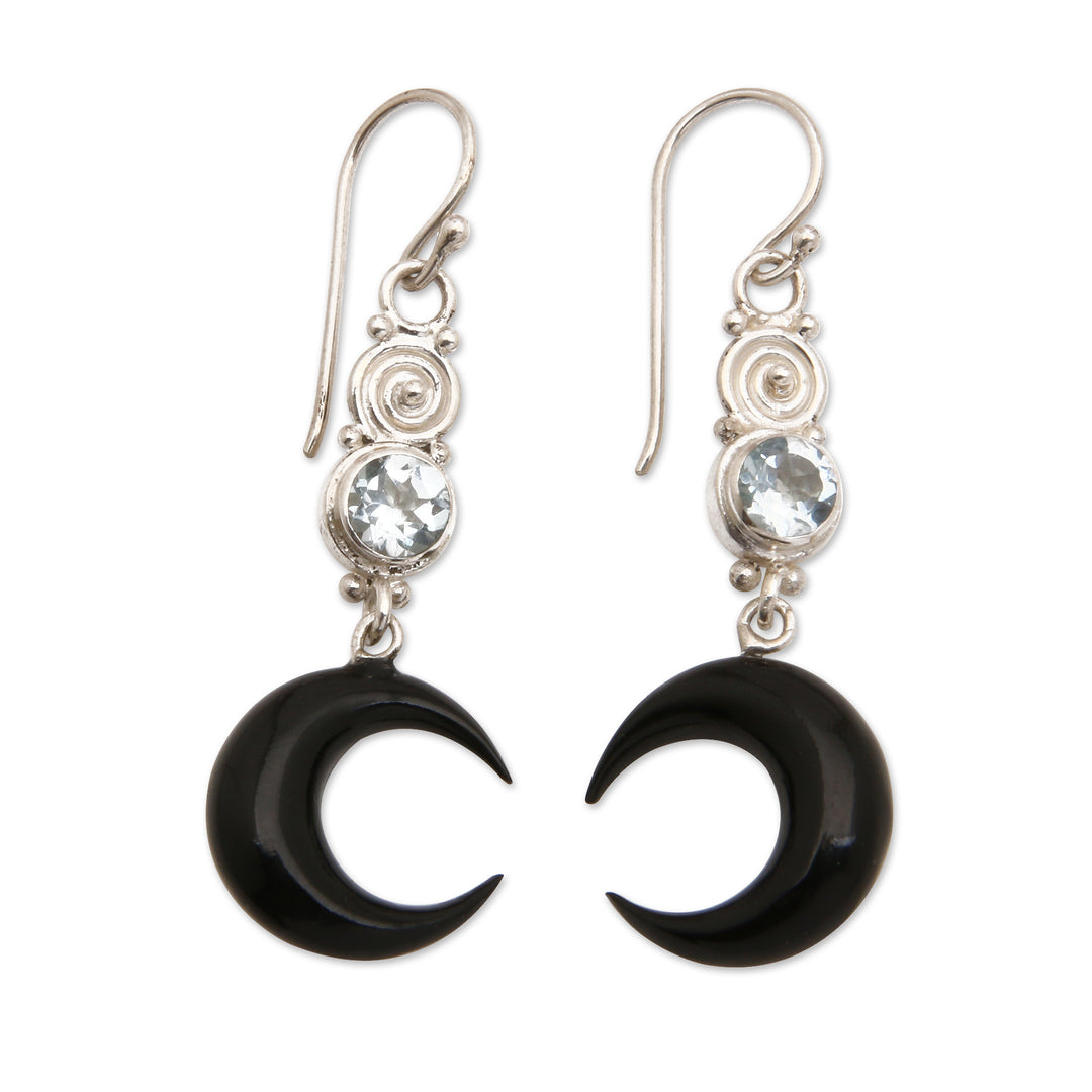 Moon-Shaped Two-Carat Faceted Blue Topaz Dangle Earrings - Loyal Crescent