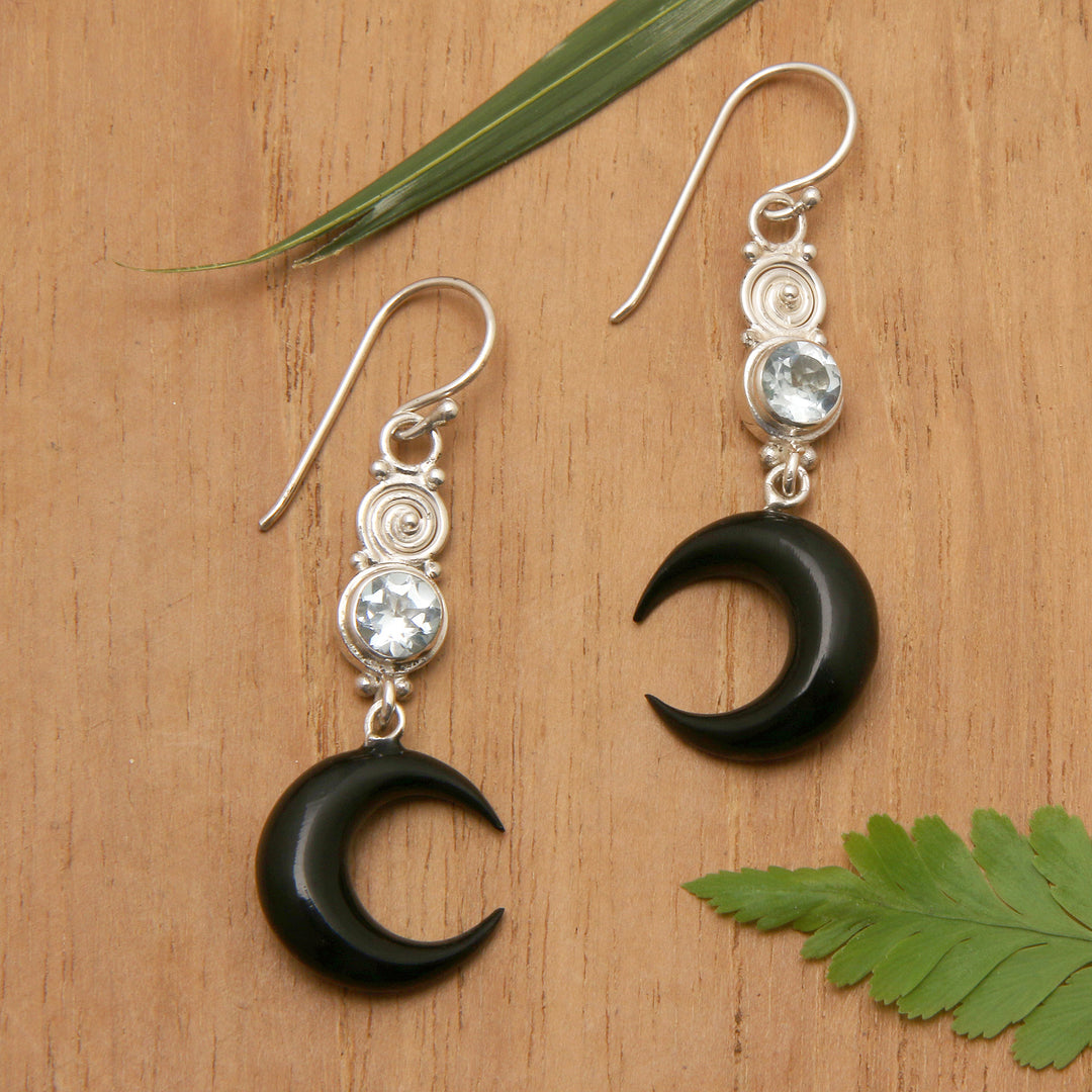 Moon-Shaped Two-Carat Faceted Blue Topaz Dangle Earrings - Loyal Crescent