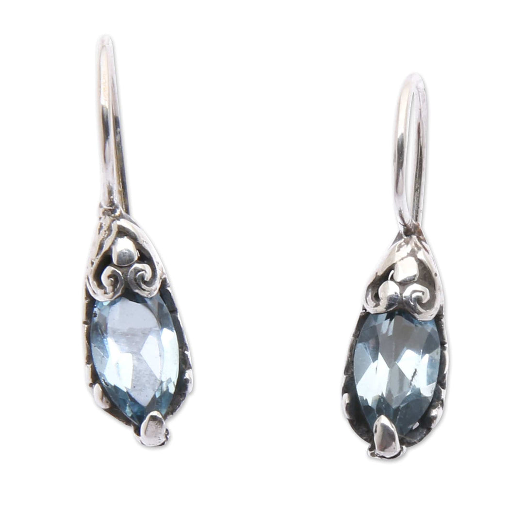 Balinese Silver Drop Earrings with Blue Topaz Gemstones - Dancing Seeds