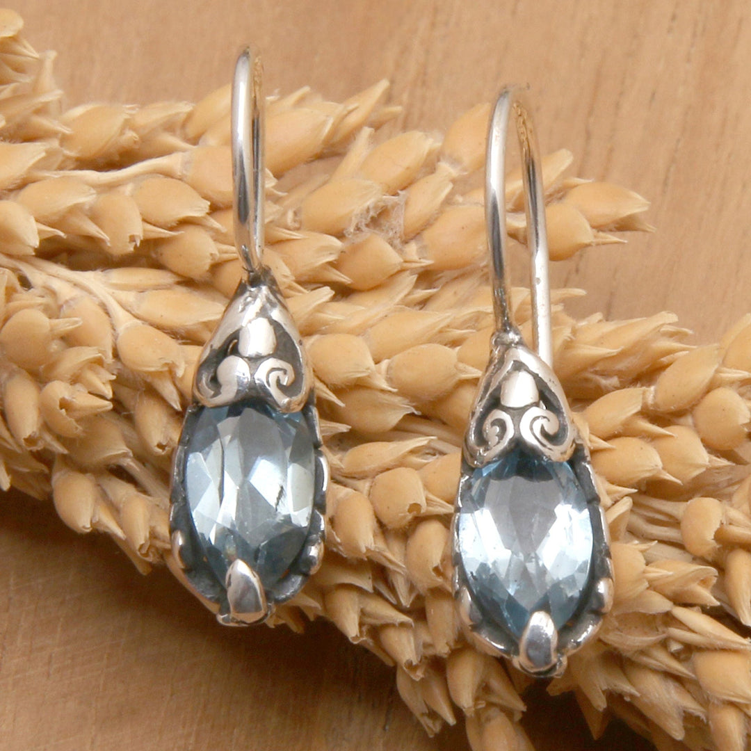 Balinese Silver Drop Earrings with Blue Topaz Gemstones - Dancing Seeds