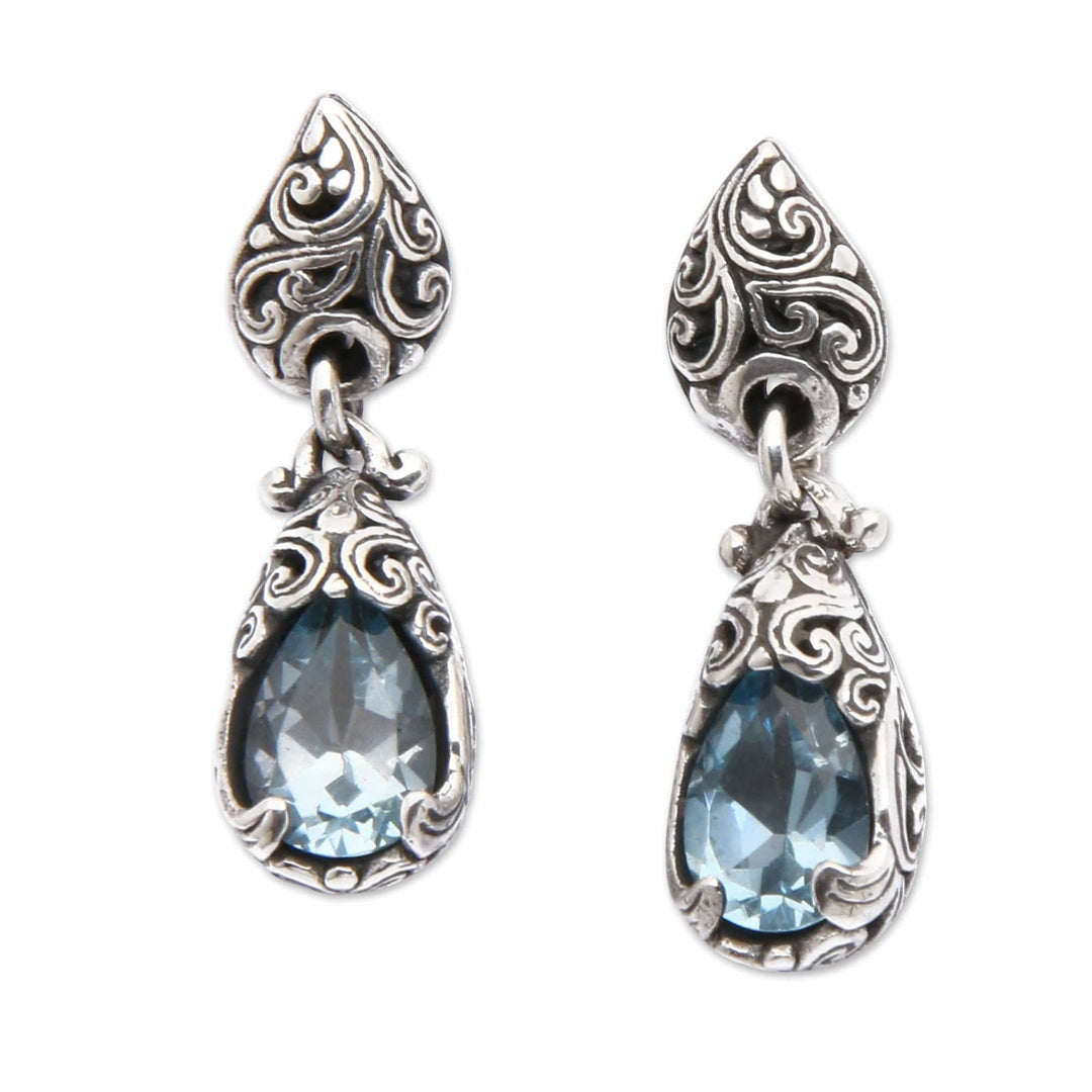 Balinese Silver Dangle Earrings with Blue Topaz Gemstones - Fantasy Nest