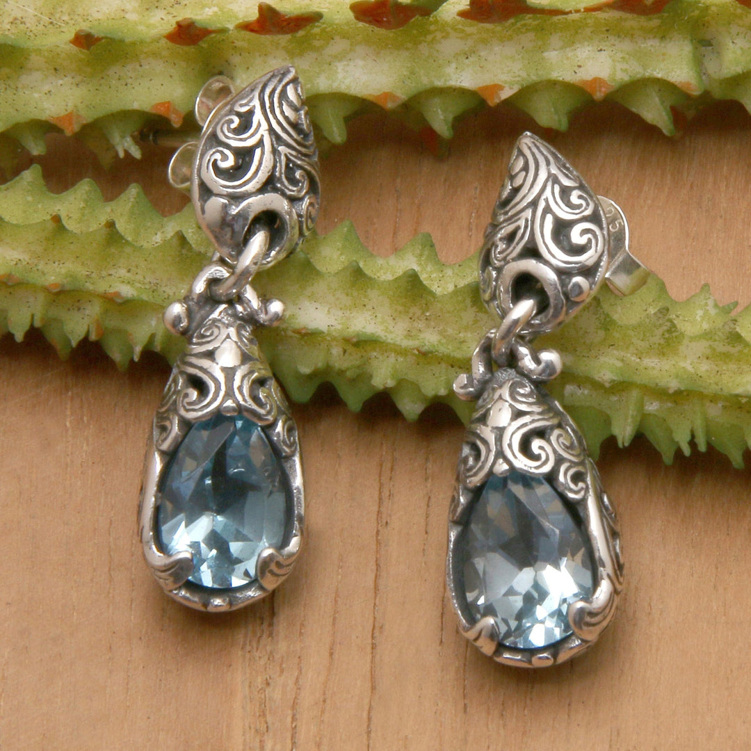 Balinese Silver Dangle Earrings with Blue Topaz Gemstones - Fantasy Nest