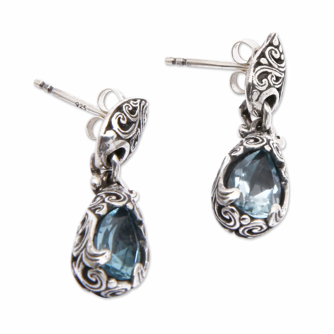 Balinese Silver Dangle Earrings with Blue Topaz Gemstones - Fantasy Nest