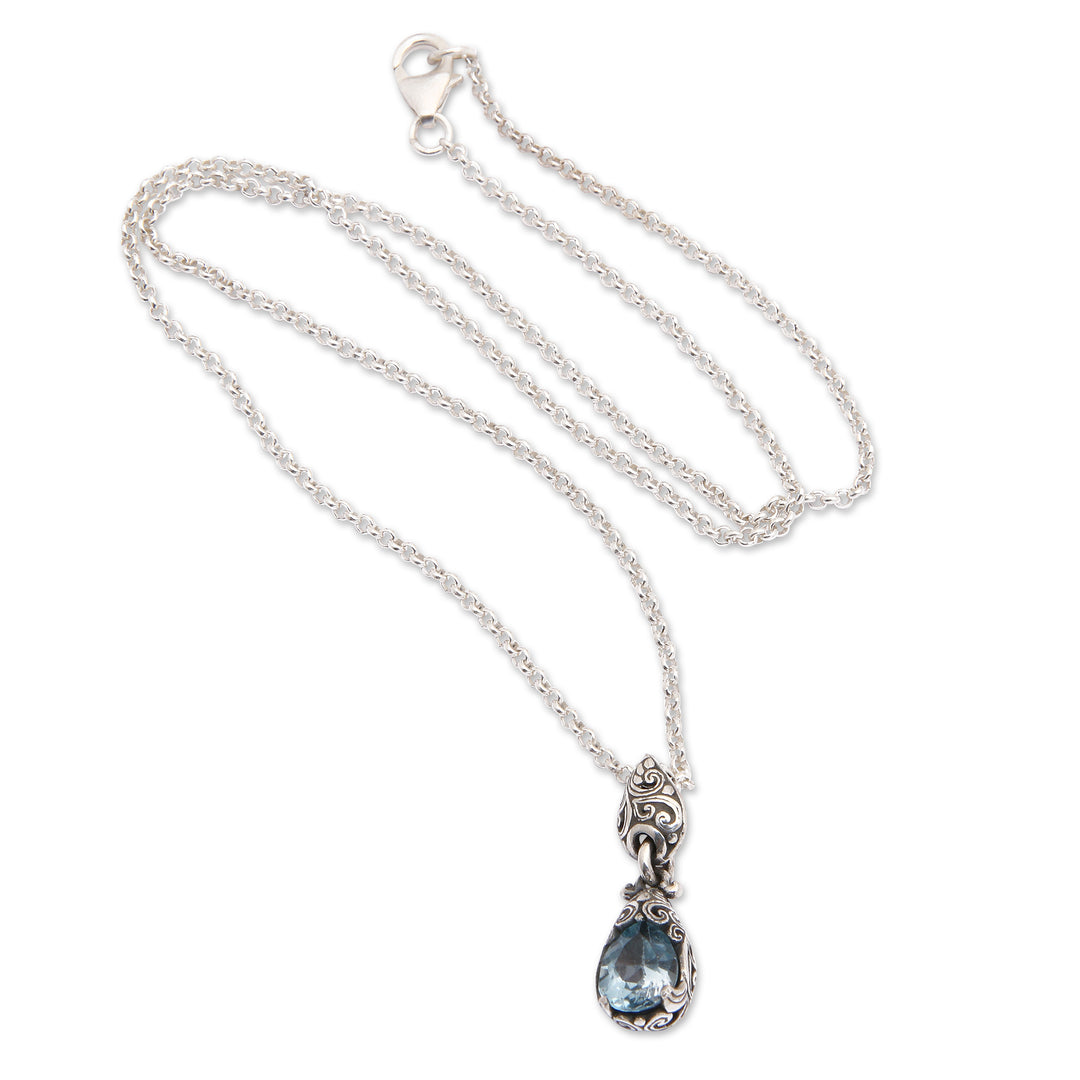 Silver Pendant Necklace with One-Carat Blue Topaz Gemstone - Bird Nest