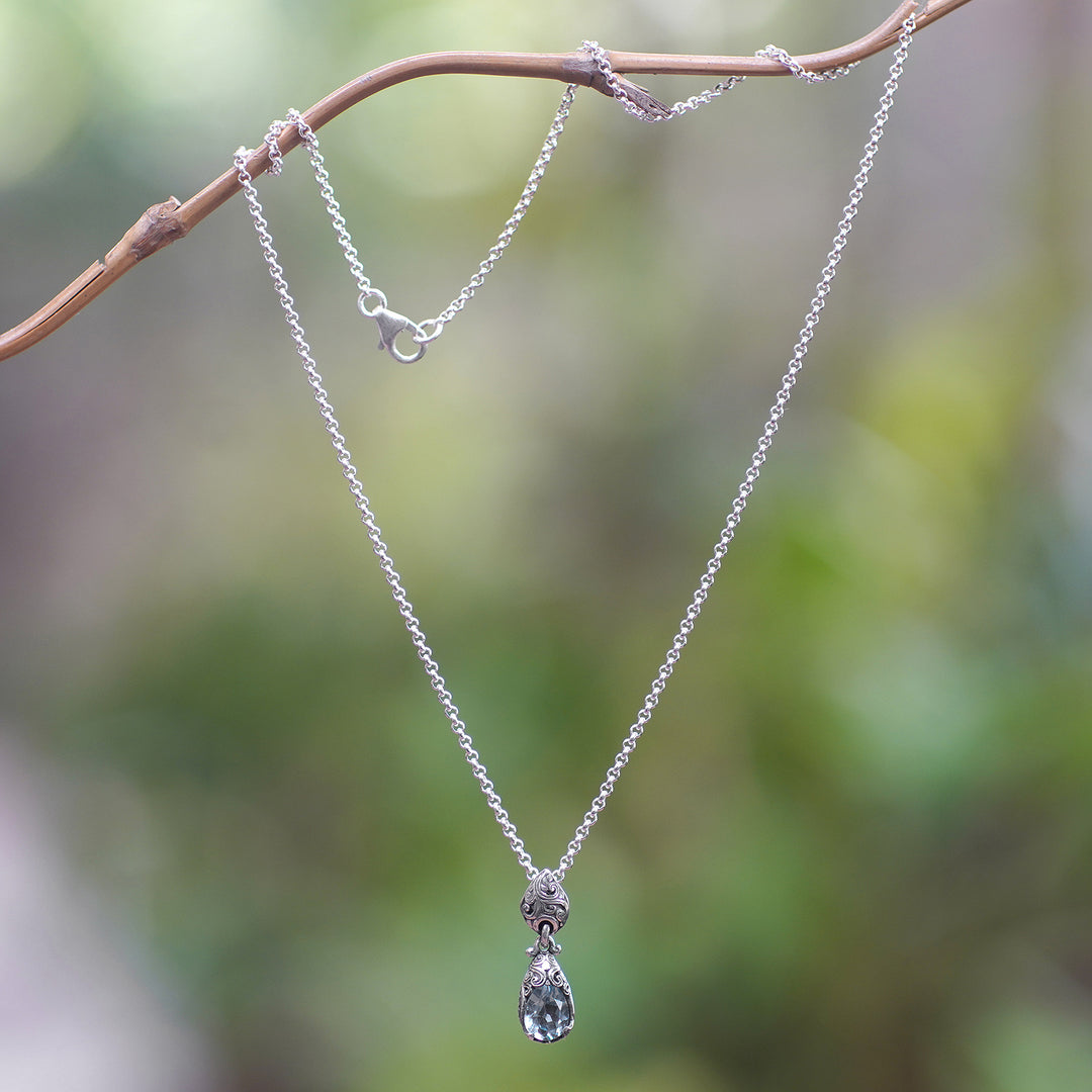 Silver Pendant Necklace with One-Carat Blue Topaz Gemstone - Bird Nest