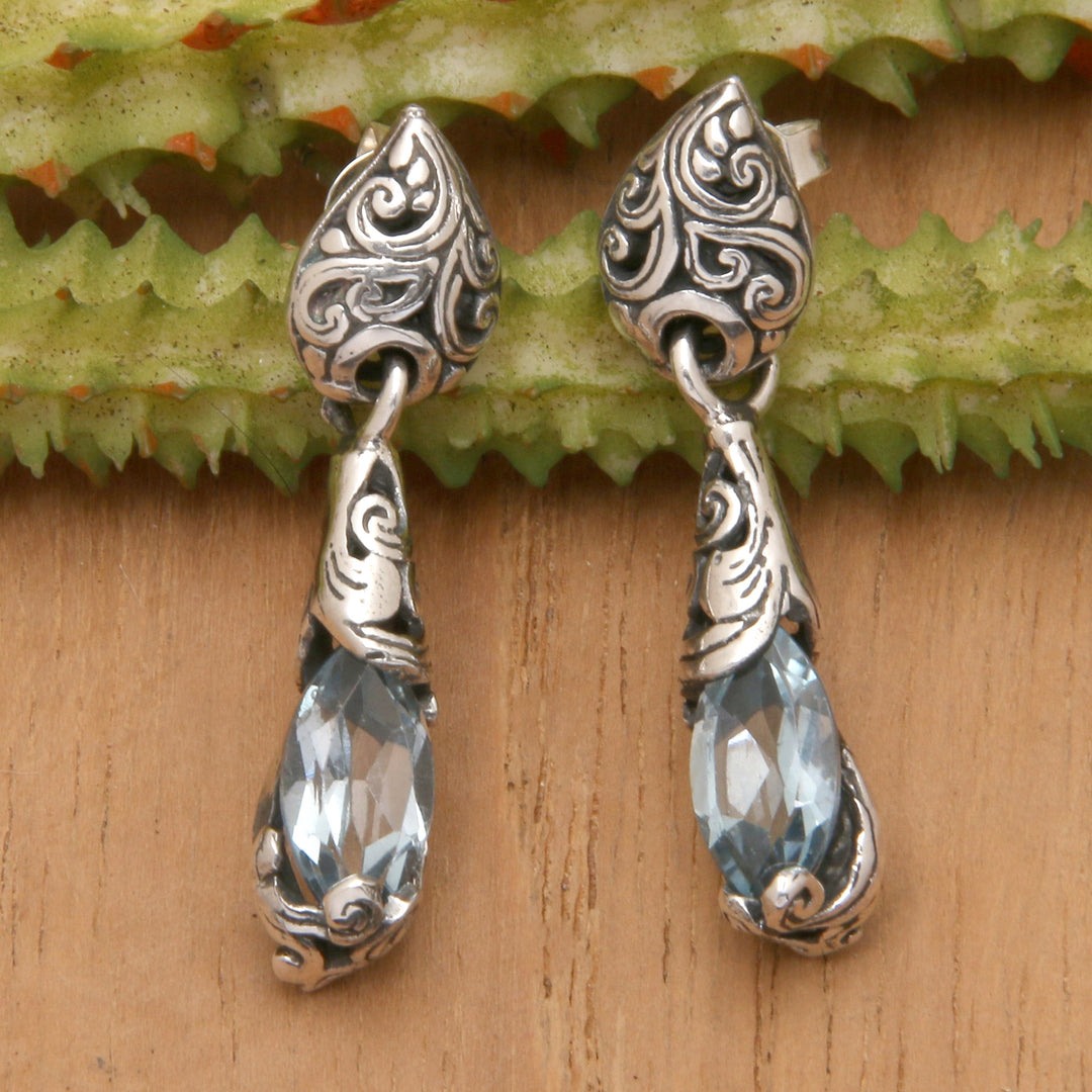 Silver Dangle Earrings with Faceted Blue Topaz Gemstones - Azure Forest