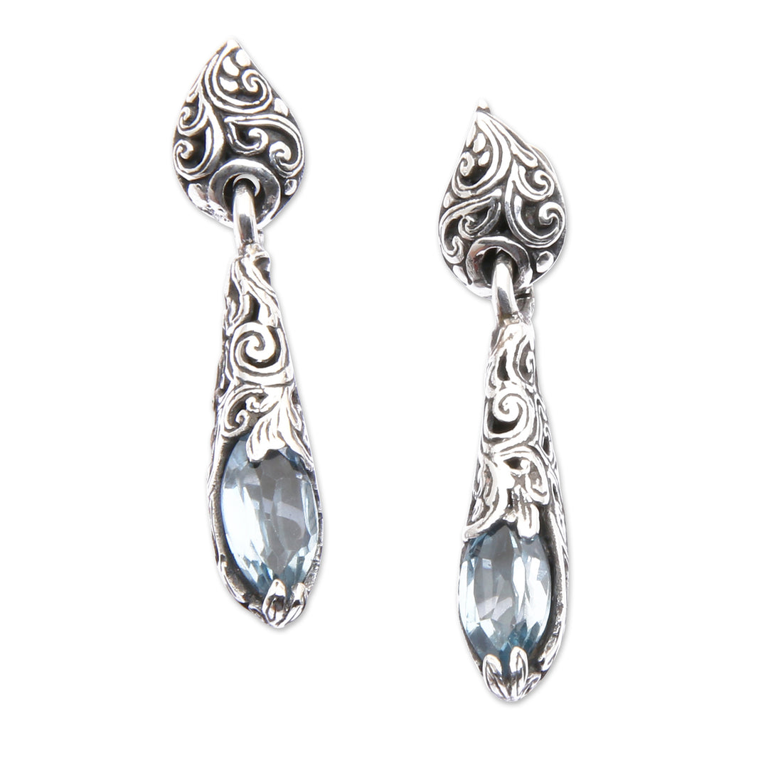 Silver Dangle Earrings from Bali with Blue Topaz Stones - Forest Nest