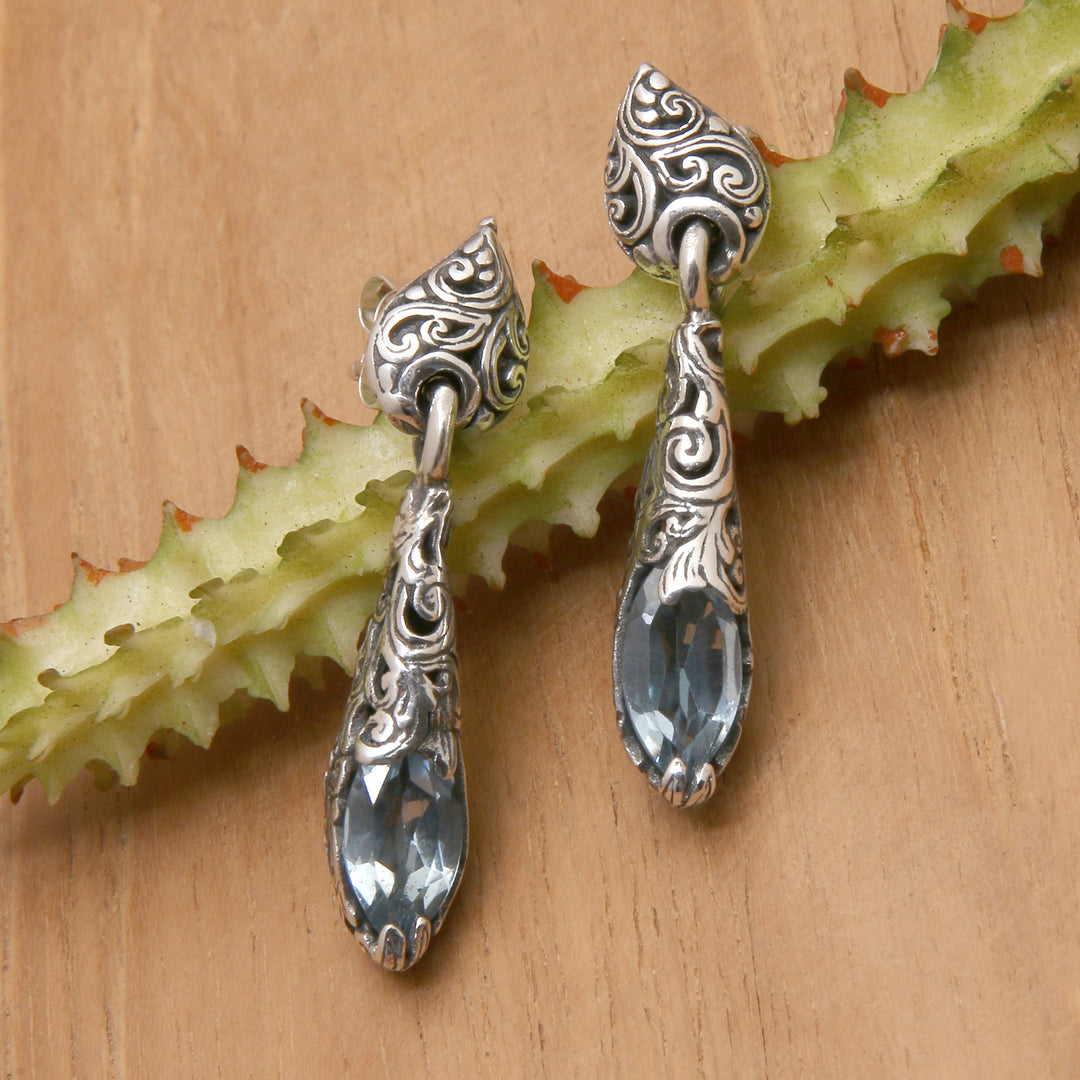 Silver Dangle Earrings from Bali with Blue Topaz Stones - Forest Nest