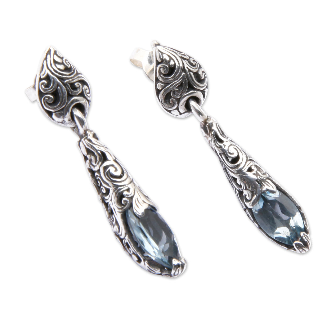 Silver Dangle Earrings from Bali with Blue Topaz Stones - Forest Nest