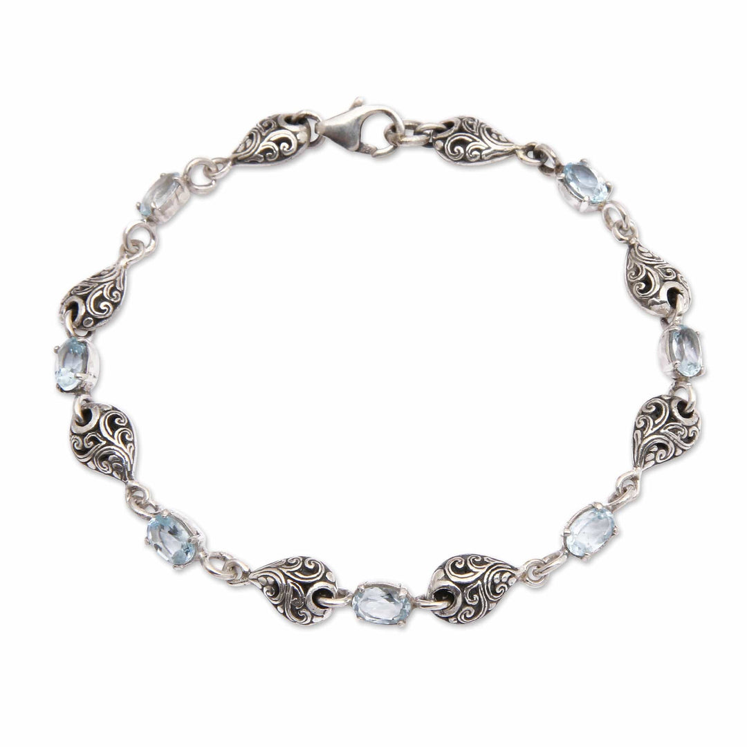 Balinese Sterling Silver Link Bracelet with Blue Topaz Gems - Glorious Elegance